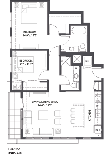 Floor plan for 2 beds, 2 baths, 1087 sqft